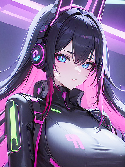 Neon-Highlighted Beauty Shines in Futuristic Cityscape for Sensual Hentai Pleasure