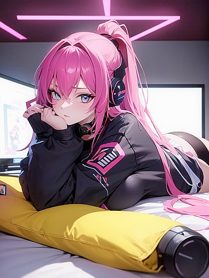 Sweatshirt Clad in Skeet’s Vibrant Neon Colors Lit by Matching LED Backdrop Lay Down Hentai Fun