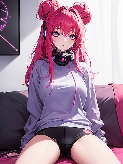 Casual Messy Bun and Focused Gamer Vibes in Skeet Logo Sweater Hentai Action