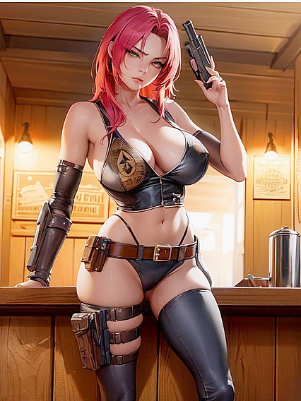 Dangerous Seductress with Gun-Holstered Hips Commands Attention in Saloon Hentai Scene