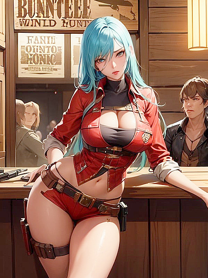 Guns at Her Hips: Captivating Glances in the Saloon – Wide-Shot hentai Action