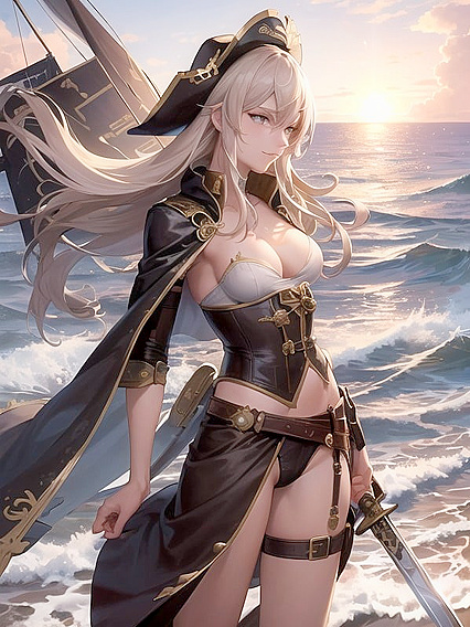 Sword-Wielding Warrior in Leather Corset and Flowing Cloak Takes Pleasure in hentai Fantasies