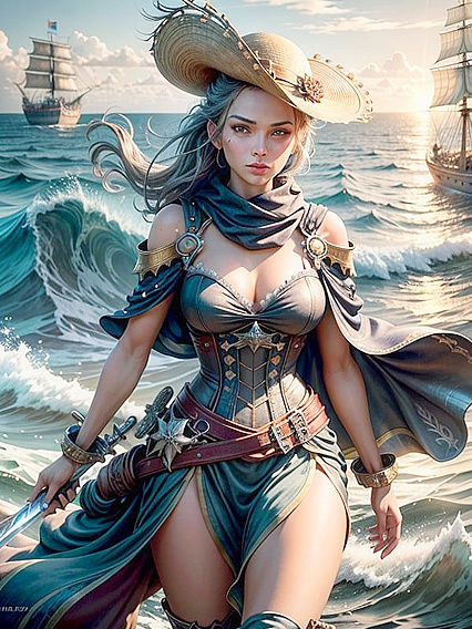 Tropical Isle Seduction: Confident Smile and Distant Warship in High-Seas Hentai Fantasy