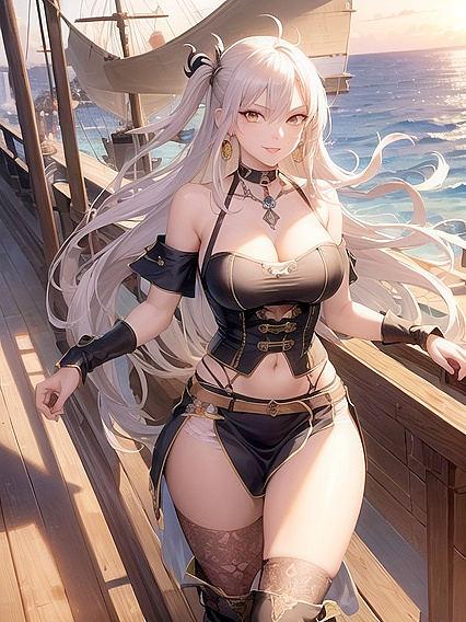 Seductive Sailor with Long Wavy Hair Tempts Under Cinematic Lights