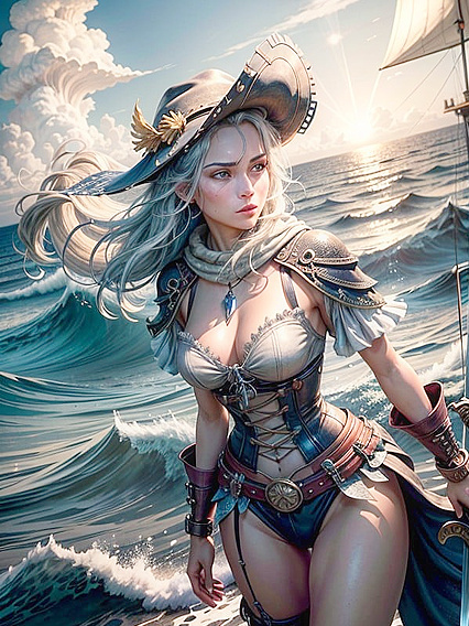 Confident Fierce Female Pirate Captain on Deck Amidst Vast Seas and Adventure Hentai