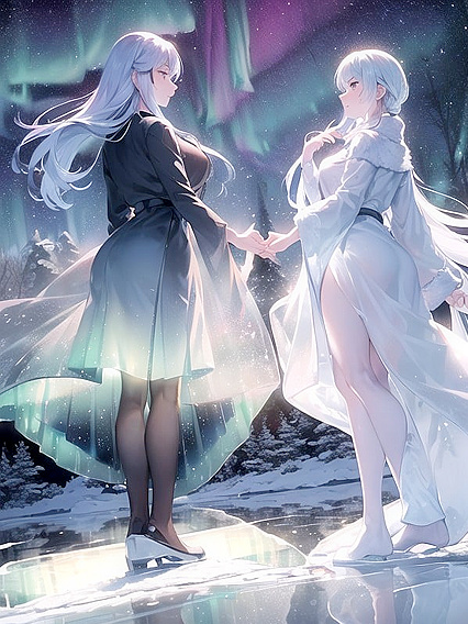 Snowy Nightmagic: Pine Silhouettes and Northern Lights Reflect on Ice in Erotic Hentai Fantasy