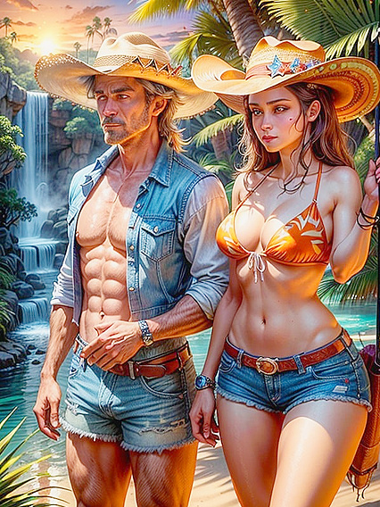 CowBoy 18+ and CowGirl 18+ in Hats Heat Things Up with Bikini Tops and Boots Hentai Action