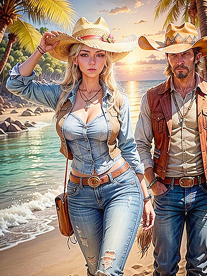 CowGirl 18+ in Western Attire Rides Wildly on a Tropical Beach by the Jungle