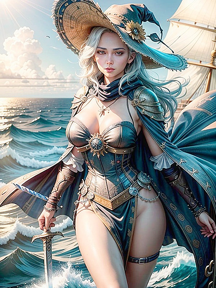 Fierce Pirate Captain in Leather Corset Dominates on Deck Amidst Tropical Seas