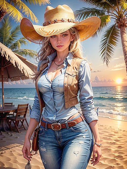 Tropical Beach Fantasy: Long-Sleeve Shirt and Rugged Jeans in Bandana Hentai Action