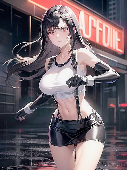 Tifa Walks Through a Rainy Night Street With Mood Lighting and Glowing Neon Reflections