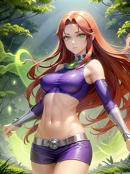 Starfire Soars Through Bioluminescent Forest at Night in Vibrant Hentai AI Image