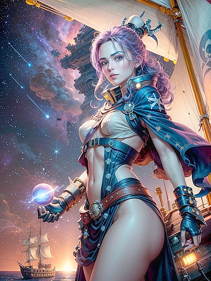 Pirate Ship With Solar Sails and Jolly Roger Flag Waves High in Space Hentai Action