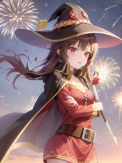 Megumin Stands Triumphant at Sunset Amidst Festive Valley Vibes in hentai Action