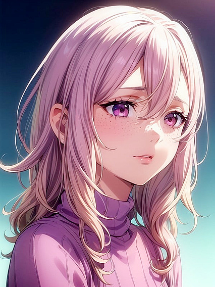 Wavy Ombre Hair Girl 18+ with Soft Shimmery Makeup and Freckles in Seductive Hentai Action