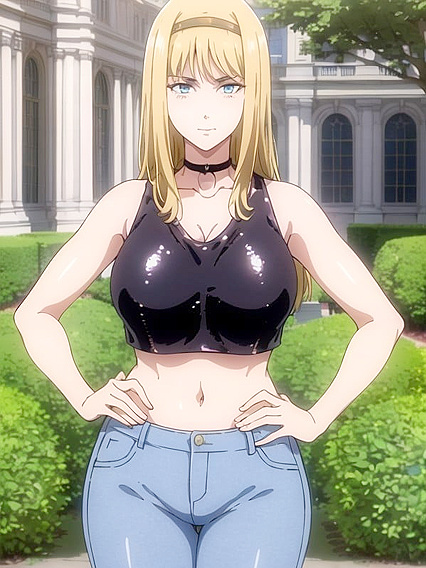 Sexy Gold Sequin Crop Top and Blue Jeans Pose in Seductive Hentai Action