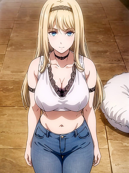 Barbie Crop Top and High-Waisted Jeans with Black Lace Choker Hentai Action