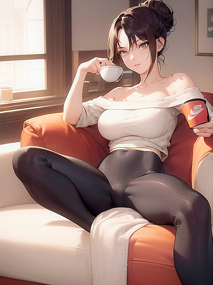 Relaxed Woman with Messy Bun Basks in Warm Indoors for Seductive Hentai Pleasure
