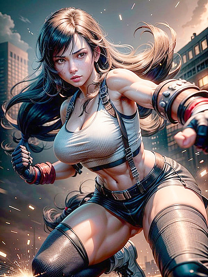 Mid-battle Twilights: Detailed Midgar Cityscape with Debris as She Shows Off Her Intricate Outfit