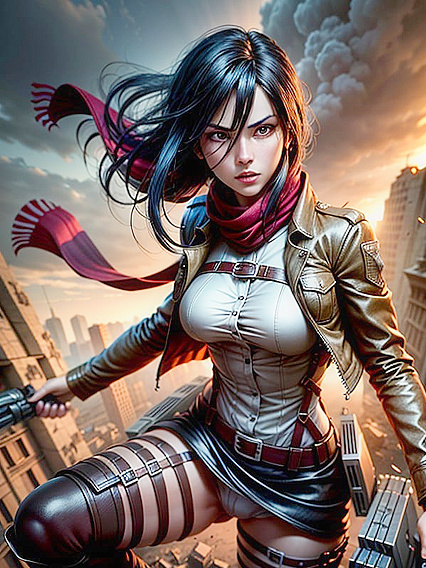 Mikasa Ackerman Soars Through Air with Dynamic Maneuver Gear in Intense Hentai Action