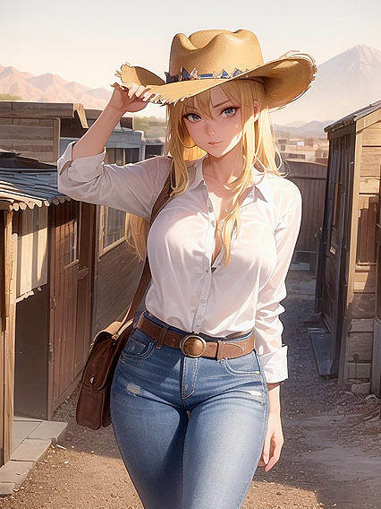 Rugged CowBoy 18+ Stands Boldly Outside Saloon with Partially Unbuttoned Shirt in Hentai Action