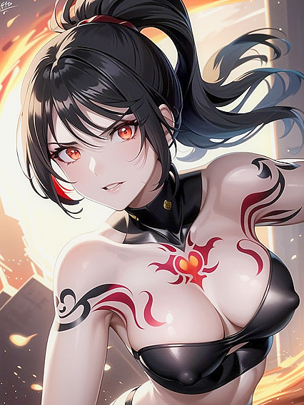 Glowing Red-Eyed Beauty with Black Hair Seduces in Grey-Skinned Hentai Action