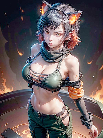 Flames Cover Ears in Dark Burning City: Red Sparks Fly in Intense Hentai Action