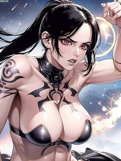 Dark-Skinned Beauty with Black Lipstick and Round Face in Seductive Hentai Action