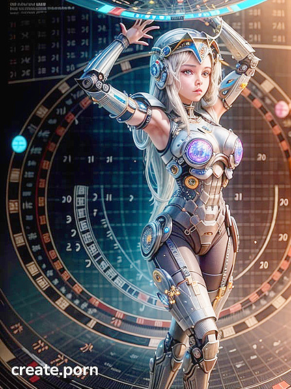 Half-Shaved Mech Goddess Surrounded by Robotic Wings and Holographic Equations