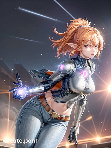 Armor Top Warrior with Glowing Energy Core in Intense Hentai Action