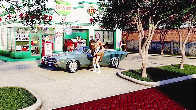 Busty 3D blonde railed doggy by hard dicked futa girl in garage