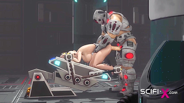Sci-fi male sex cyborg face fucks a sexy young hottie in restraints