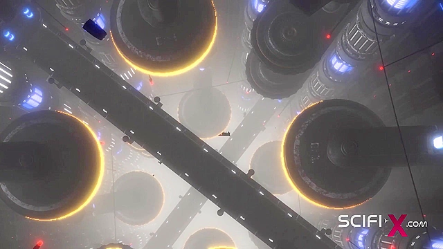 Sci-fi male sex cyborg face fucks a sexy young hottie in restraints