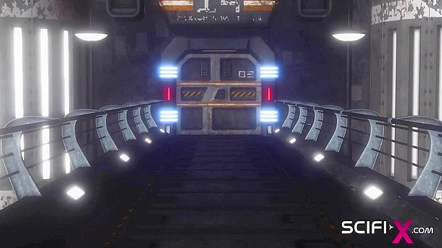 Sci-fi male sex cyborg face fucks a sexy young hottie in restraints