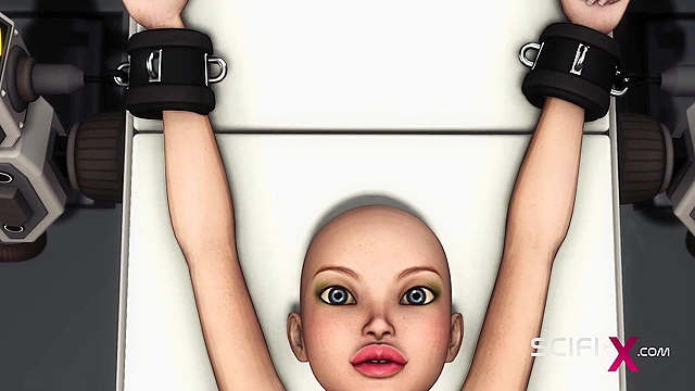 Sci-fi male sex cyborg face fucks a sexy young hottie in restraints