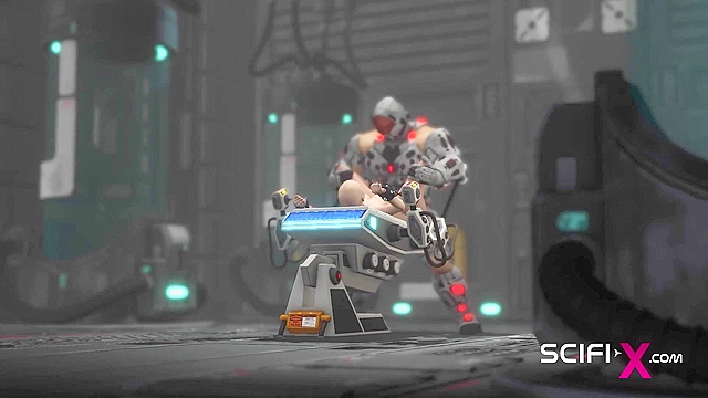 Sci-fi male sex cyborg face fucks a sexy young hottie in restraints