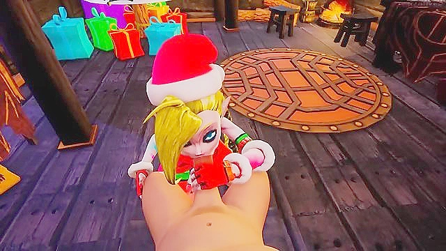 Jinx from league of legends gives a christmas blowjob