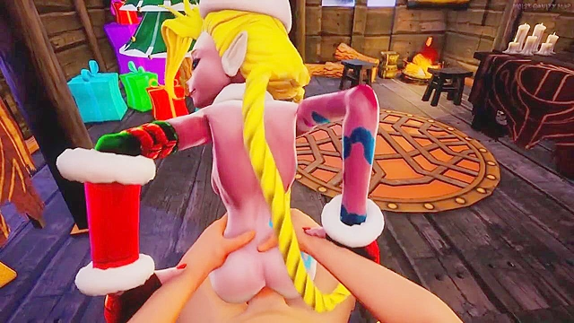 Jinx from league of legends gives a christmas blowjob