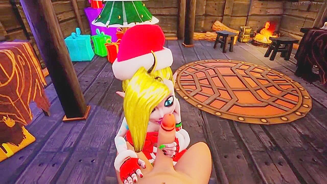 Jinx from league of legends gives a christmas blowjob