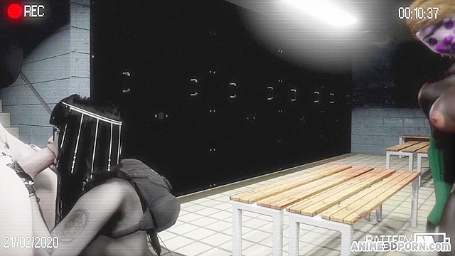 Nerd slut hard fucked by two big dicked futas in the locker room