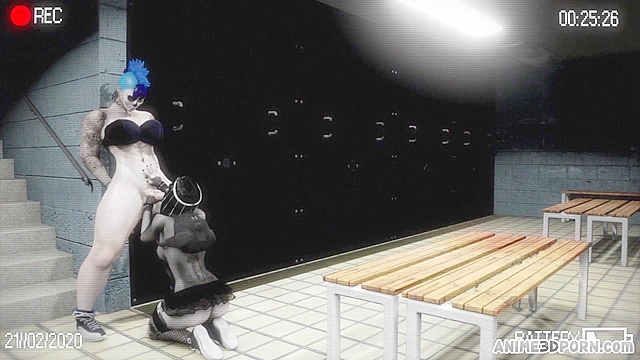 Nerd slut hard fucked by two big dicked futas in the locker room