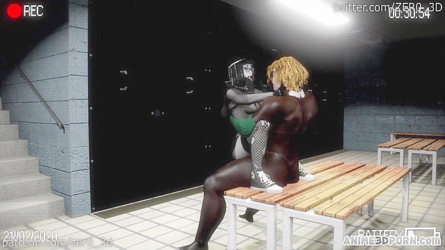 Nerd slut hard fucked by two big dicked futas in the locker room