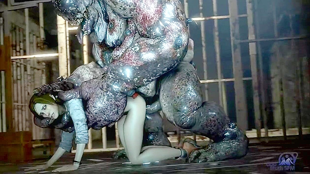 Demon monster fucks a babe in her shaved cunt in jail