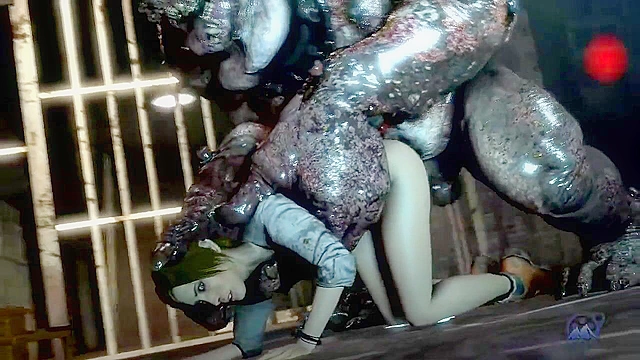 Demon monster fucks a babe in her shaved cunt in jail