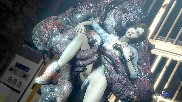 Demon monster fucks a babe in her shaved cunt in jail