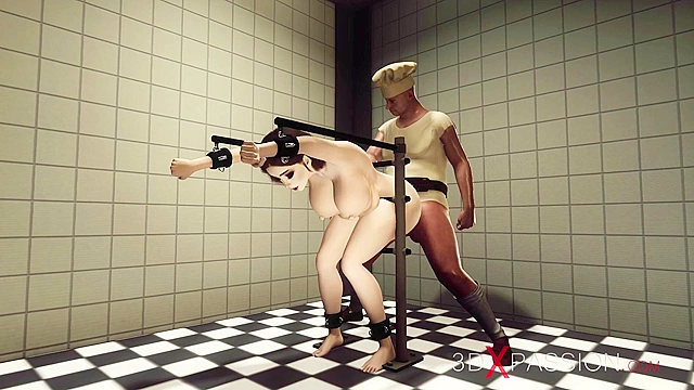 A 3d animated cowgirl many boob udders gets fucked hard by a butcher