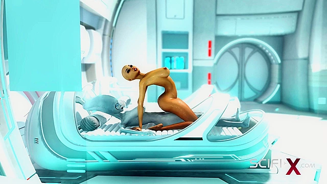 Futa alien face fucks bald human girl in scifi lab