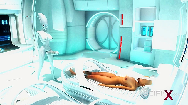 Futa alien face fucks bald human girl in scifi lab