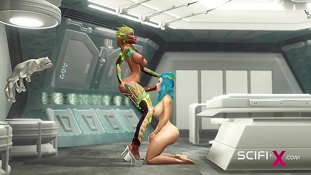 Futa alien ass fucks a young busty sexy hottie in the sci-fi lab