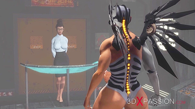 Cyber angel dickgirl face fucks a sexy young ebony in the sci-fi lab